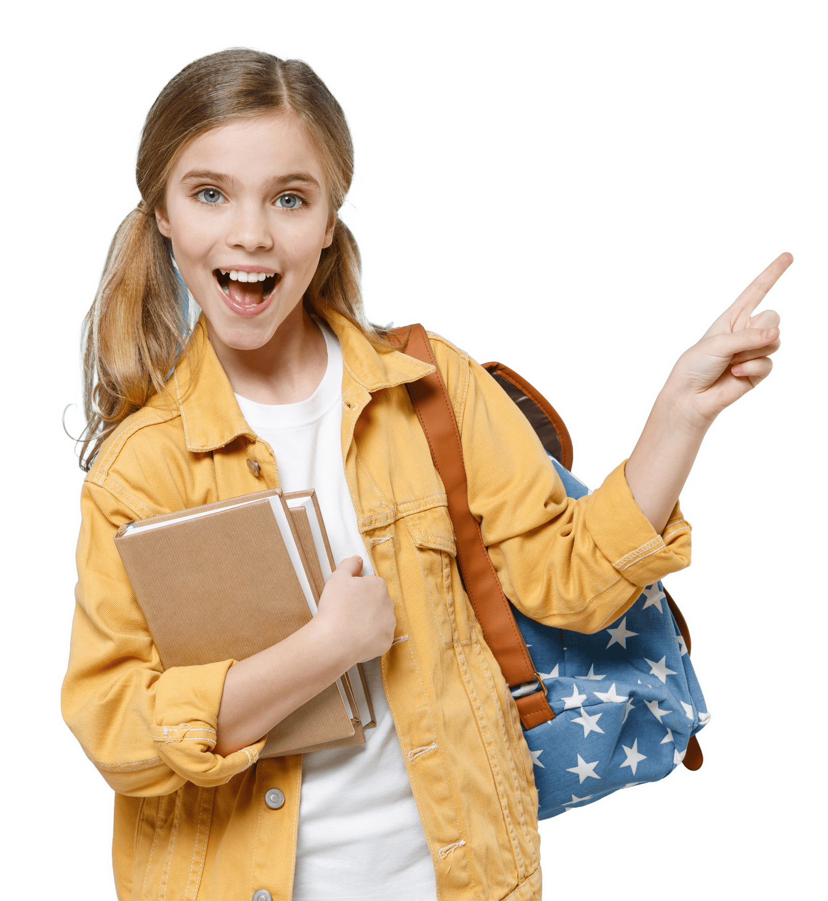 Schulmädchen mit Notizbüchern und Rucksack zeigt mit ihrem Finger nach rechts